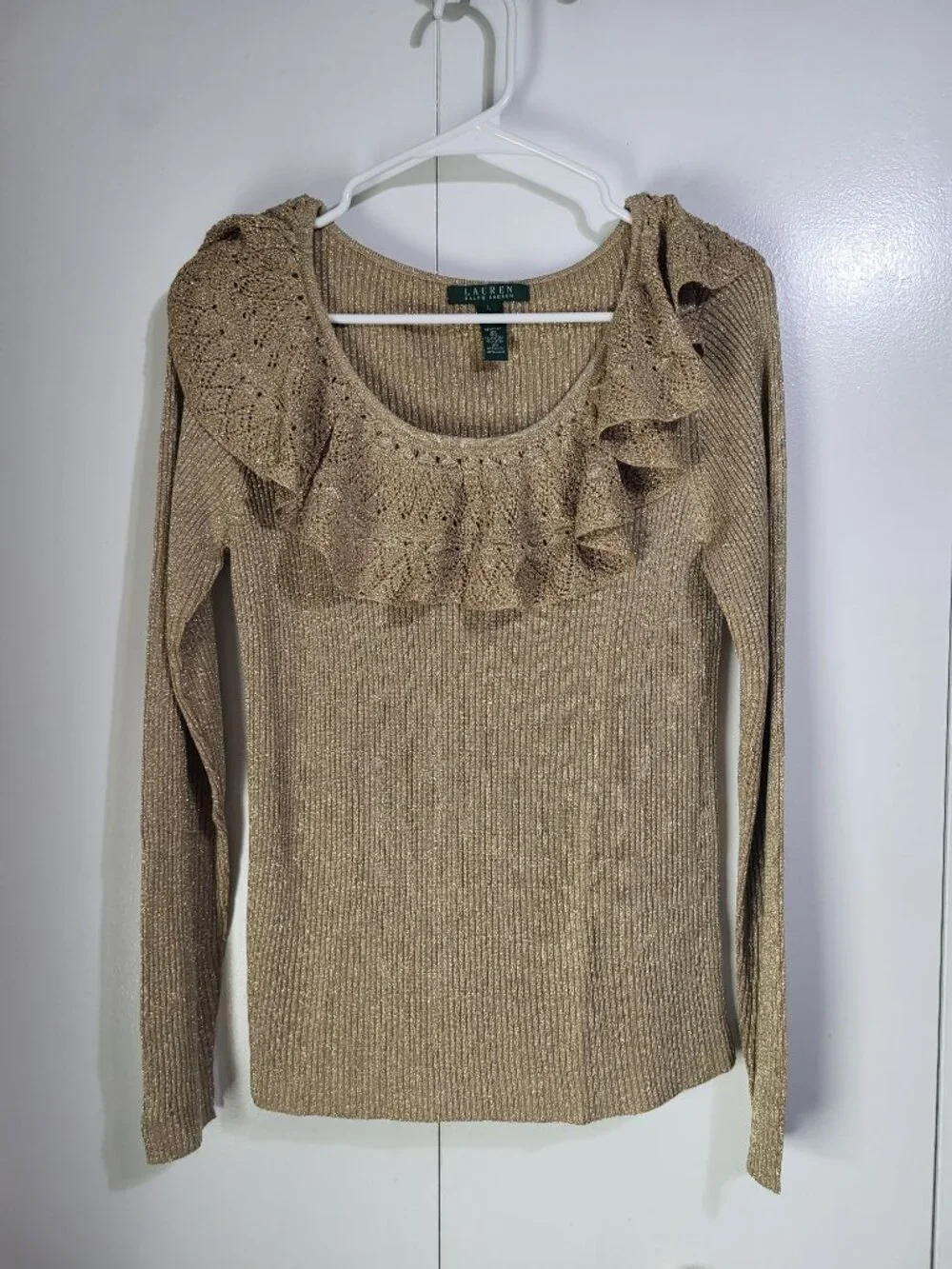 LAUREN RALPH LAUREN Womens L Gold Metallic Silk Polyester Ribbed Sweater Ruffle - Picture 2 of 7